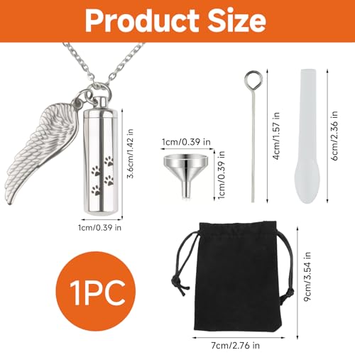 Cylinder Pet Ashes Necklace with Angel Wing, Stainless Steel Dog Urn Pendant for Ashes, Silver Cremation Jewelry Keepsake with Funnel & Pouch, Cat & Pet Memorial Necklace Paw
