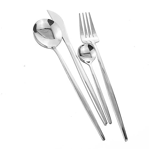 24-Piece Silver Korean Silverware Set, Stainless Steel | Mirror Polished, Service for 6, Includes Forks Spoons Knives, Modern Flatware Cutlery Silver01