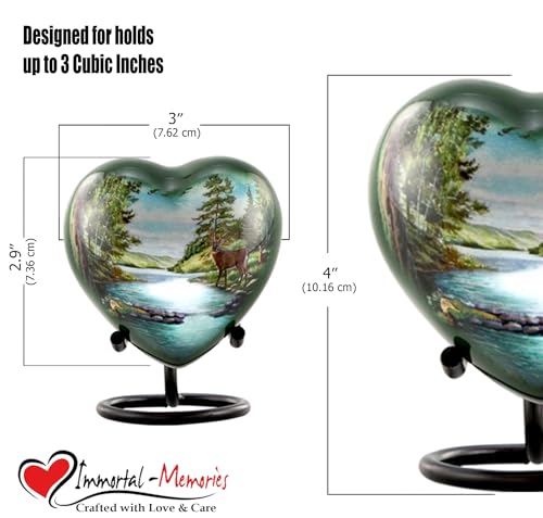 Deer Heart Keepsake Urn for Ashes, Hunting Urn, Mini Buck Urn, Hand Painted Memorial Mini Heart Urn, Handmade Miniature Forest Heart Urn with Stand, Premium Case & Bag, Metal