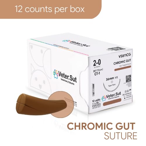 [Australia - AusPower] - VeterSut CHROMIC Gut Surgical Suture 2-0, (CT-1) 1/2 36mm Taper Point, 12 Count, Veterinary Use 