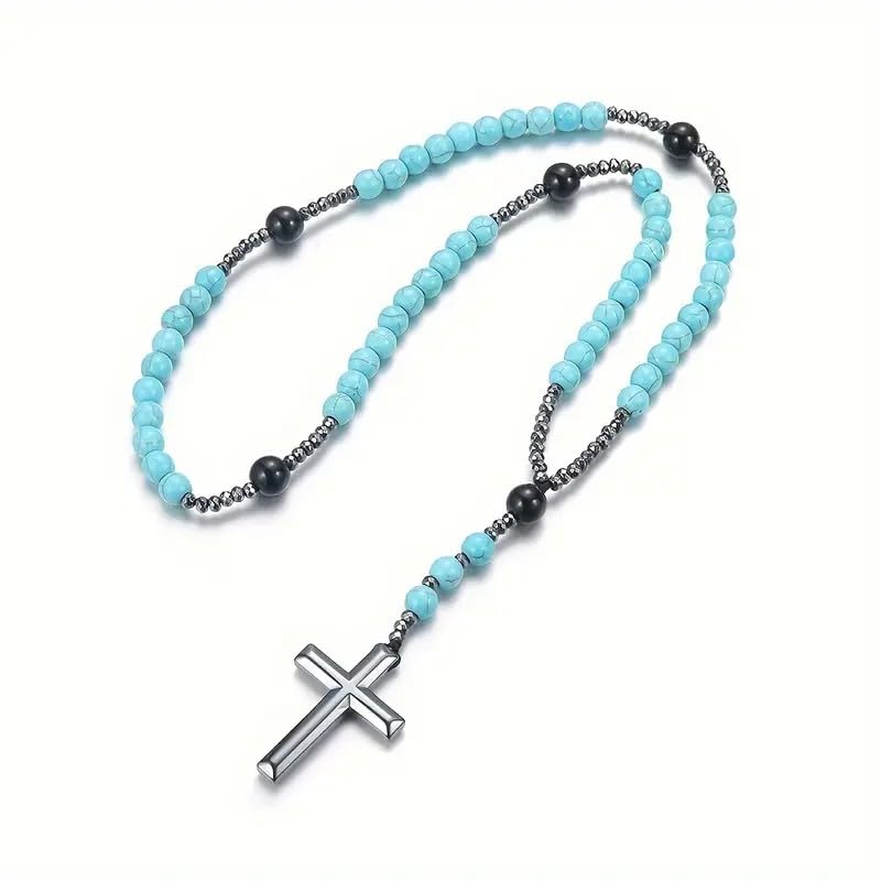 N379 5-Decade Rosary – Turquoise Howlite, Hematite & Black Agate Beads – Handmade Catholic Prayer Rosary with Cross – Spiritual Gift for Men & Women