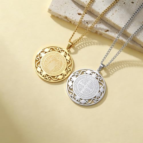 Amaxer Saint Benedict Of Nursia Necklace for Women St. Benedict Saints Medal Exorcism Catholic Religious Protection Jewellery Necklace for Women Men Gold