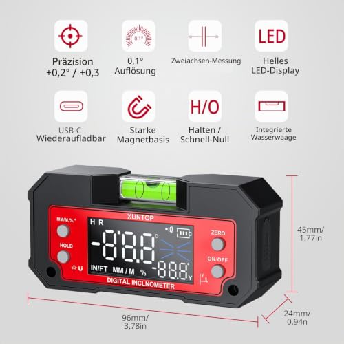 XUNTOP Digital Angle Measuring Device LED Double Axis Inclinometer Magnetic for Woodworking, Construction, Decoration, DIY