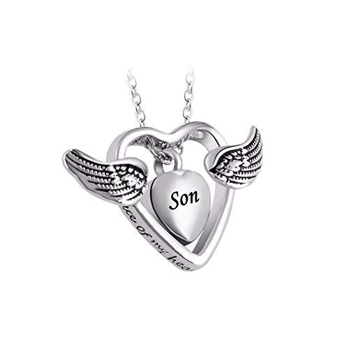 Double Heart Cremation Urn Necklace for Mom Grandma Dad Pet Ashes Angel Wing Memorial Keepsake Pendant Jewelry A Piece of My Heart Lives in Heaven Son