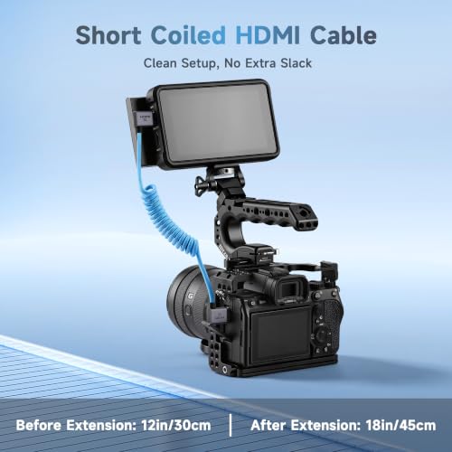 Uonecn Right Angle HDMI 2.1 Cable for Camera, 48Gbps 8K Braided Coiled HDMI for Atomos Ninja V, Portkeys BM5, Short HDMI Cable for Sony A7iv, Z-CAM F6, Z-Cam E2 Pro Cameras, Blue, Left to Right Left Angle to Right Angle