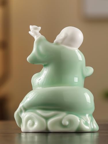 Small Green Laughing Buddha Statue for Good Luck, Ceramic Happy Buddha Statue Indoor for Home Decor, 4.5 inch Holding Ingot Pose 4.5" G – Holding Ingot