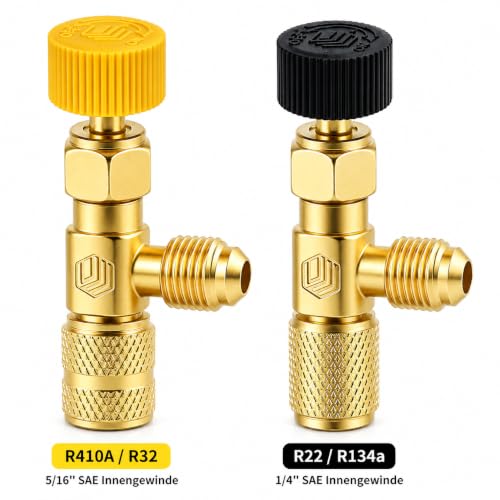 2x Refrigerant Adaptor with Needle Valve R410A R32 R22 | Set of 2 brass safety adapters for R410A, R32, R22 and R134a with precise flow control