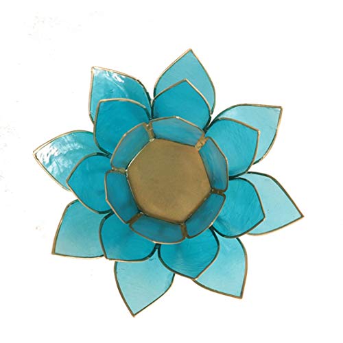 Lotus Shaped Tea Light Candle Holder Made of Capis Shell and edged in Gold coloured metal. Lotus is finished in Turquoise Blue Colour (Tea Lignt Candle not included)