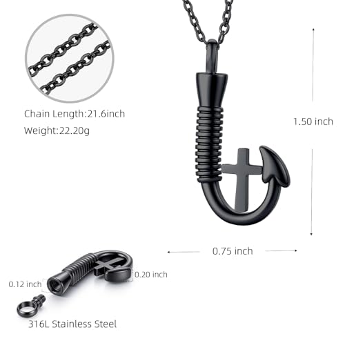 Fish Hook Cross Urn Necklace for Ashes Fishing in Heaven Memorial Cremation Jewelry Keepsake Pendant for Women Men Black
