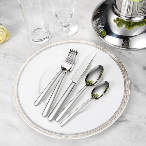 Set of 8 KEAWELL Premium Aline 8.3-inch dinner forks arranged on a table, showcasing sleek stainless steel design and polished finish.