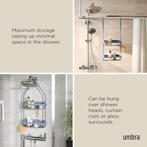 Umbra Flex shower caddy with two hanging shelves in slate blue, bathroom organizer for toiletries and bath essentials.