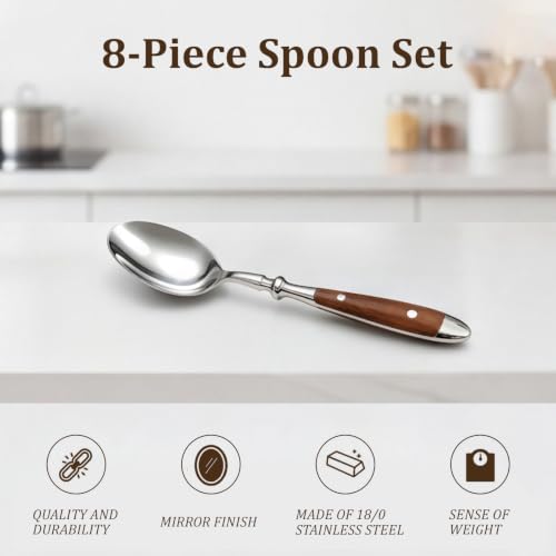 Set of 8 Binchill stainless steel soup spoons with wood grain handles, dishwasher safe, brown color, perfect for dining.