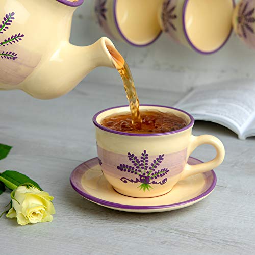 City to Cottage Handmade Lavender Floral Purple And Cream Large Ceramic 12oz/350ml Cappuccino Coffee Tea Cup and Saucer, Unique Designer Pottery Gift for Tea Lovers