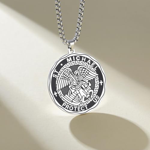 VASSAGO Saint Michael Necklace Stainless Steel St Michael Archangel Protect Us Medal Necklace for Men Women Religious Amulet Jewelry Gift Silver