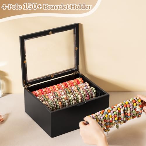 Bracelet Storage Box Holds Up to 150 Bangles, Bracelet Organizer with Clear Lid & Rods, Jewelry Display Case for Multiple Sizes, Dust-Proof Design(Black) Black