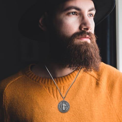 St Benedict Necklace Saint Benedict Medal Bless Safety Religion Pendant Gift for Men, Women, Family, Parent, Friend Ancient Silver
