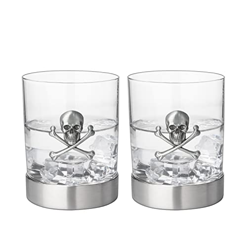 Skull & Skeleton Crossbones Pewter Whiskey & Wine Drinking Glasses - 11oz Set of 2 - Water, Rum, Brandy & Scotch Glass, Elegant, Skeleton Crystal Cup, Gifts for Men & Women, Old Fashioned Glass Skull Pewter