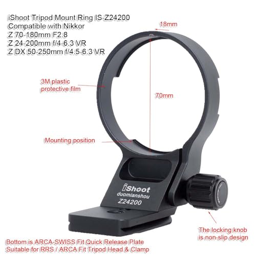 iShoot Lens Collar Tripod Mount Ring Compatible with Nikon Z 24-200mm f/4-6.3 VR, DX 50-250mm f/4.5-6.3 VR & Nikkor Z 70-180mm F2.8, Support Holder Bracket Bottom is Arca-Swiss Fit Quick Release Plate