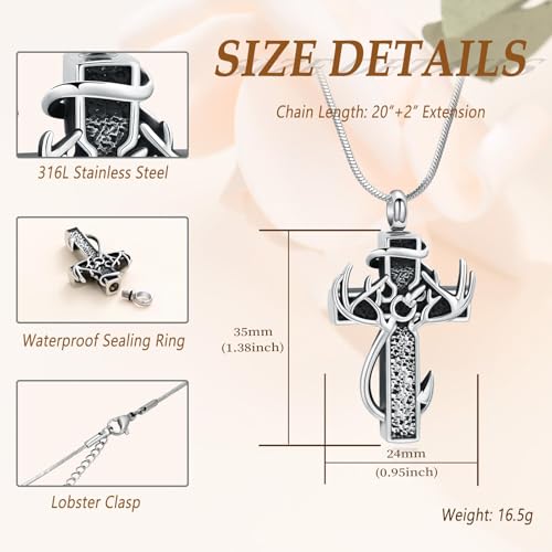 shajwo Deer Antler Cross Urn Necklace for Ashes Silver with Black