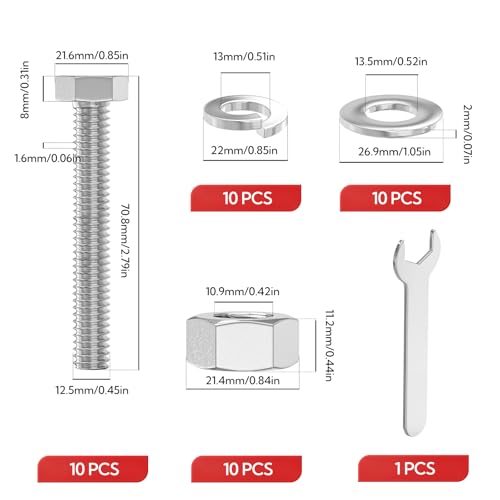 GAGIRA 304 stainless steel 1/2-13 x 2-1/2 inch hex head bolts with nuts, spacers and spanner set