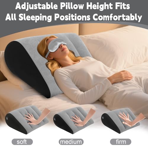 TheClover Inflatable Wedge Pillow for Sleeping - Use in Bed Back Support,Leg Elevation, Wedge Pillow for Sleep, Portable Travel Triangle Gift,Complimentary Silk Eye mask Grey