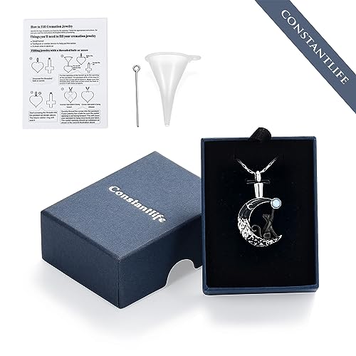 constantlife Cat Moon Urn Necklace for Women Pet Cremation Jewelry for Ashes Stainless Steel Pendant Funeral Keepsake Loved Ones Memorial Gift Black