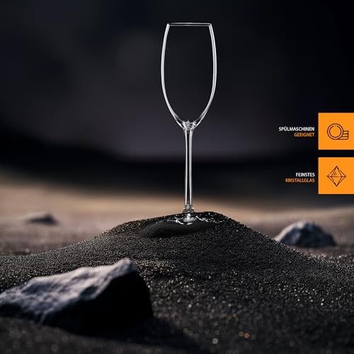 Set of Nachtmann Vivenci champagne flutes with clear glass and elegant design, part of Spiegelau's mixed drinkware collection.