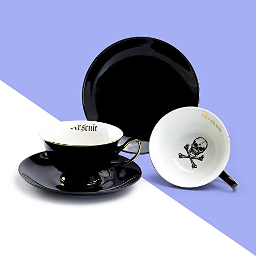 Skull Arsenic Black Gold Tea Cup and Saucer with Gold Trim Halloween