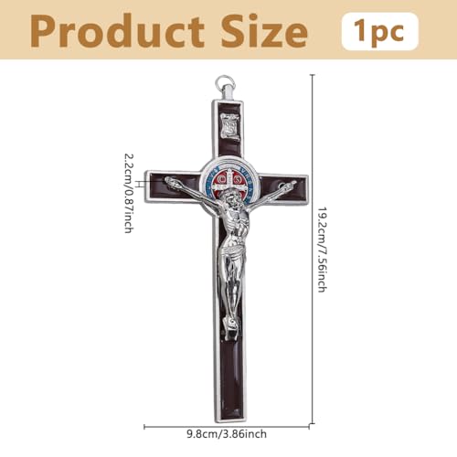 DICOSMETIC 1Pc 19.2x9.8cm Small Alloy Wall Cross Saint Benedict Wall Crosses Jesus Christ Crucifix Brown Enamel Crucifix Catholic Christian Cross Decor Easter Gifts for Women Men Coconut Brown