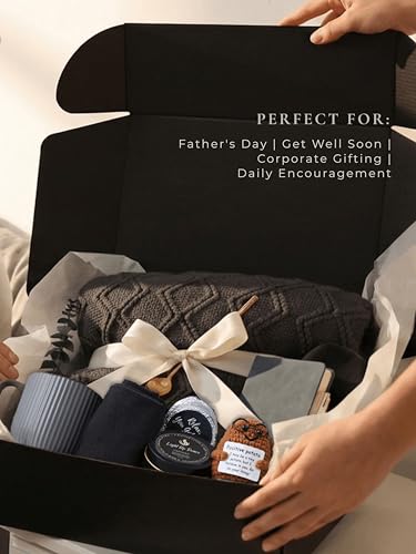 Thoughtful Comfort Care Package for Men & Women - Grey & Navy Gift Box with Knitted Blanket, Ceramic Mug & Positive Potato - Versatile Thinking of You or Birthday Gift
