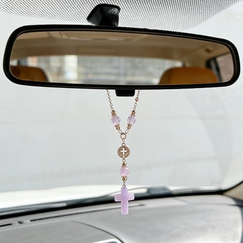 3 Pcs Christian Car Accessories for Women - Rear View Mirror Cross, Steering Wheel Rosary Charm & Air Vent Clip - Cute Girly Bling Car Decor (Pink) Pink