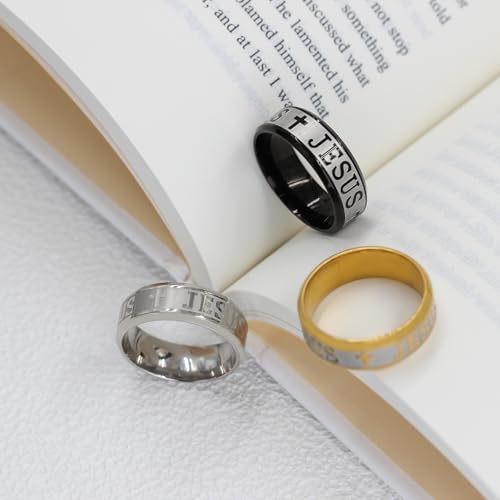 8MM Jesus Ring Faith Based Jewelry, Platinum Plated, Gold Plated, Black Plated Christian Wedding Band, Religious Statement Accessory Commitment Gift Mens YA6266 V 1/2 White
