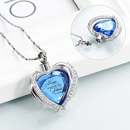 Cremation Jewelry for Ashes Pendant - Crystal Heart Urn Necklace with Mini Keepsake Urn Memorial Ash Jewelry Always-Silver-Blue