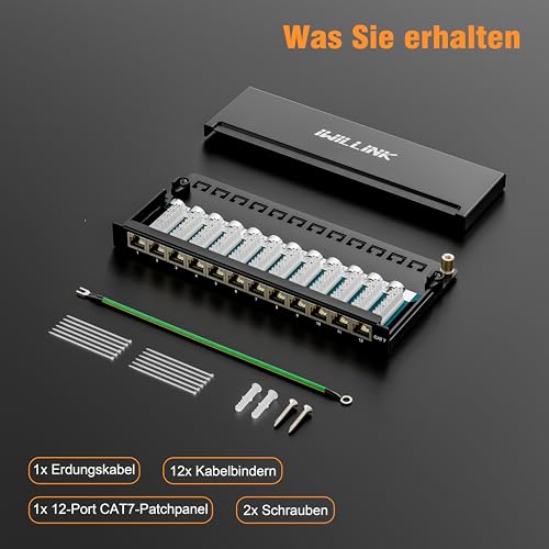 iwillink Cat7 Patch Panel 12 Port - 0.5U - Wall Mounting/Desktop - RJ45 Sockets - LSA Distribution Panel - 10Gbps Gigabit - 600MHz - STP Shielded - Black | Wall mounting/desktop, RJ45 sockets, STP shielded, LSA distribution panel