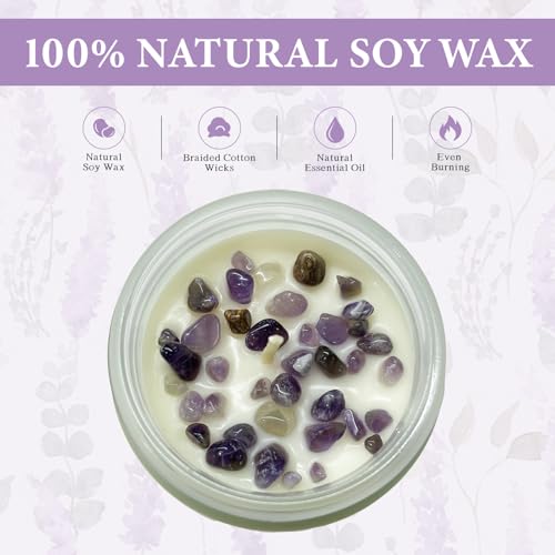 Lavender Amber Scented Candles with Crystals Inside, 9oz Soy Candles for Home Decor, Birthday Spiritual Gift Mothers Day Candle for Women Mom Lavender Amber