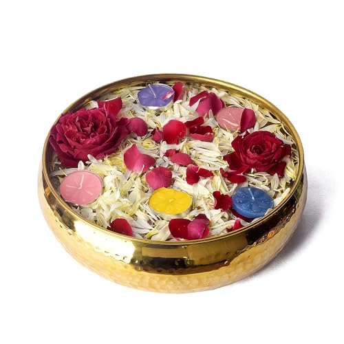 SATVIK Decorative 9.5 Inch Hammered Pattern Brass Urli For Floating Candles Tea Lights Flowers Handcrafted Bowl Indian Festive for Home Office Mandir Living Room Table Top Diwali Décor Gifts Items DESIGN 1