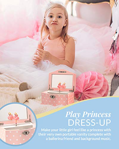 Elle Jewelry Box - Ballerina Jewelry Organizer and Swan Lake Wind-Up Music Box for Girls and Teens, Accessories and Keepsake Wooden Storage with Lock and Mirror, Charming Room Decor and Gift, Small Pink