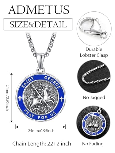 ADMETUS Sterling Silver St George Necklace for Men Blue Enamel Saint George and Dragon Medal Amult Pendant Protection Jewelry Religious Gifts