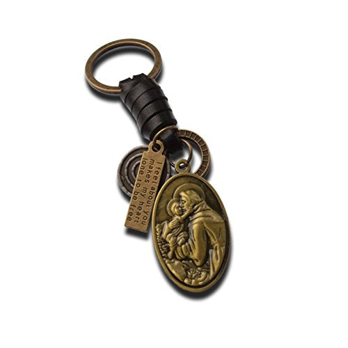 Saint Christopher Keychain Holy Patron of Motorists, Drivers and Travelers Genuine Leather Christian Religious Keyring Spiritual Gift