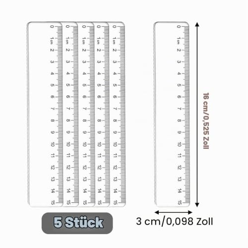 Pack of 5 Rulers 15 cm Primary School, Plastic Ruler 15 cm, Ruler Set Primary School, Transparent Precision Ruler, Ruler with Metric Scale, Ruler 15 cm Flexible, for Office, Home, School