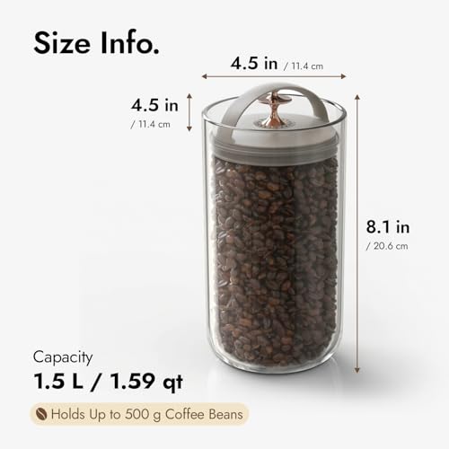 Carrotez 6.3 cup Ecozen vacuum-sealed coffee bean container holding 50.7 oz of coffee beans in clear, airtight storage.