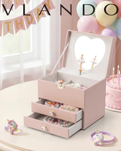 VLANDO 3 Layer Musical Jewelry Box for Girls, 2 Large Drawers Storage Pink