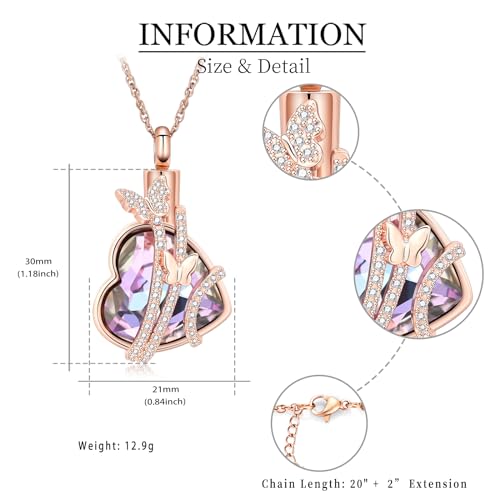 shajwo Butterfly Heart Urn Necklaces Cremation Jewelry for Ashes for Women Men Memorial Human Ashes Pendant Rose Gold-Purple