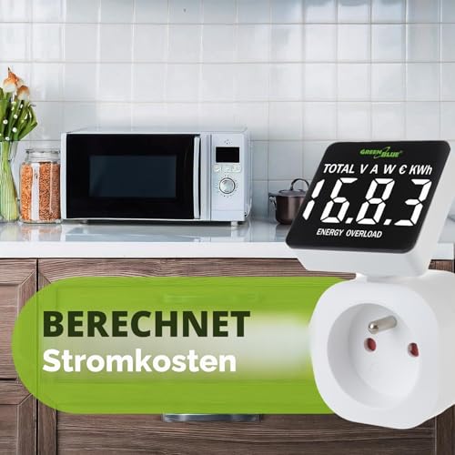 Green Blue Electricity Meter, Energy Cost Meter, Digital Wattmeter, Power Consumption Meter, Energy Meter, 16 A Max: 3680 W, Display of Consumed kWh and Energy Costs | Secondary memory (Schuko socket)