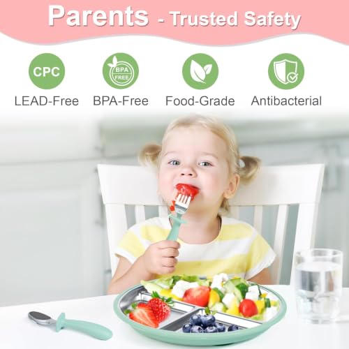 Bella's Friends Life Baby Feeding Set, 2 Pack Stainless Steel Divided Plate with Silicone Suction, 2 Set Spoons and Forks, BPA Free, Dishwasher Safe, Baby Led Weaning Supplies, Toddler Utensils beige, green 8 Inch