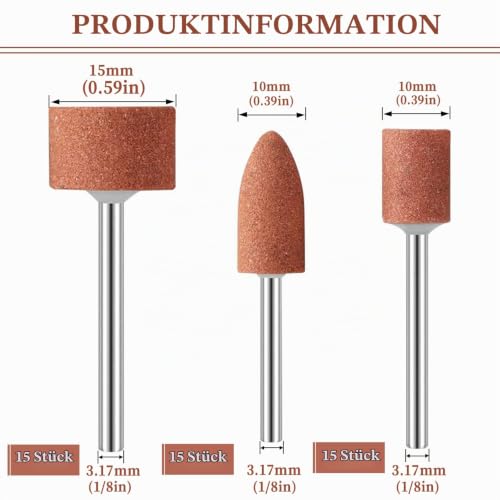 Corundum Grinding Pen, 3 mm Shank, Mounted Grinding Arbor, 45 Pieces, Grinding Polishing Head, Grinding Attachments for Drill, Abrasive Grinding Pins for 1/8 Inch Shank for Sharpening, Sanding Polishing Accessories