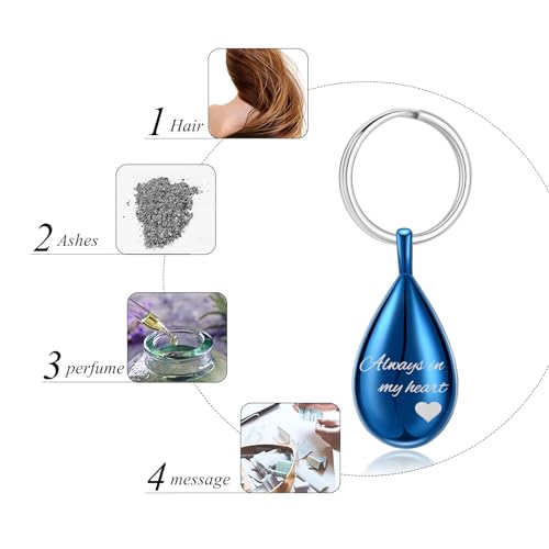 Cremation Keychain for Ashes Always In My Heart Urn Locket Cremation Jewelry Teardrop Memorial Keepsake Keychain Blue