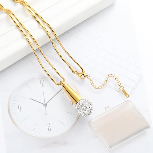 XSMZB Microphone Urn Necklace for Ashes Stainless Steel Crystal Keepsake Memorial Cremation Jewelry for Ashes Pendant Locket Gold