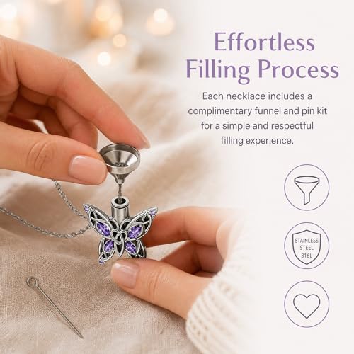 Urn Necklaces for Ashes for Women Butterfly Memorial Jewelry Human Pet Ash Urns Stainless Steel Crystal Pendant Necklace