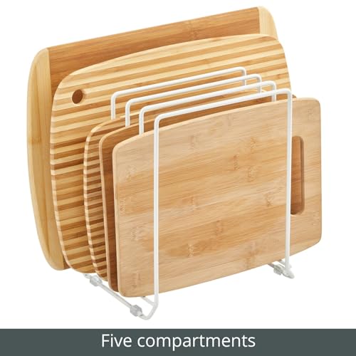 mDesign X-Large Steel Storage Tray Organizer Rack for Kitchen Cabinet - Divided Holder with 5 Slots for Skillets, Frying Pan, Pot Lids, Cutting Board, Baking Sheets - Concerto Collection - White Pack of 1